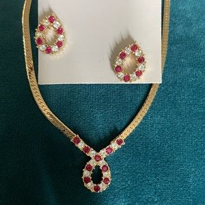 Red and white rhinestone necklace and earrings